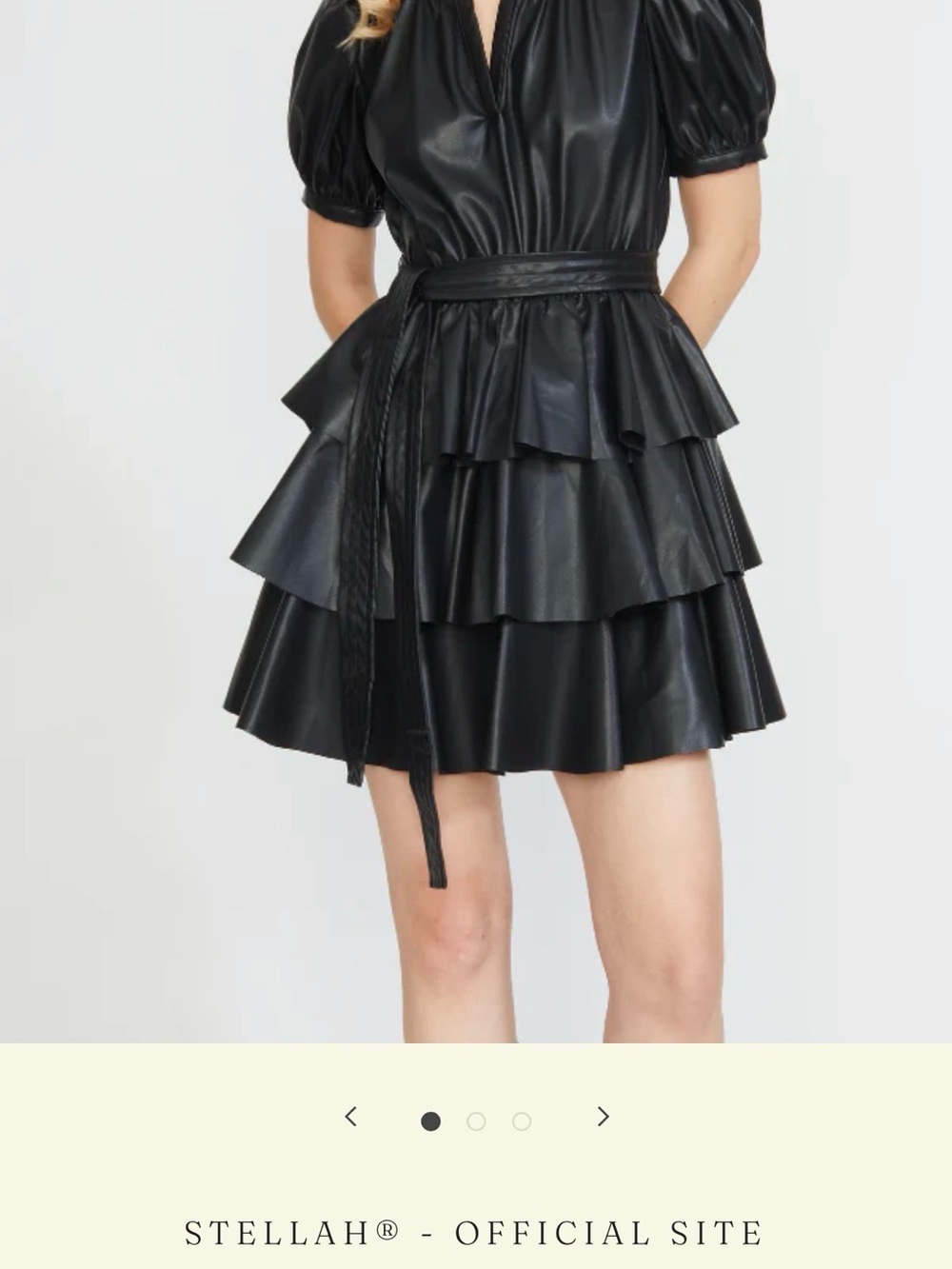 Stellah Black Tiered Faux-Leather Mini with Puff Sleeves